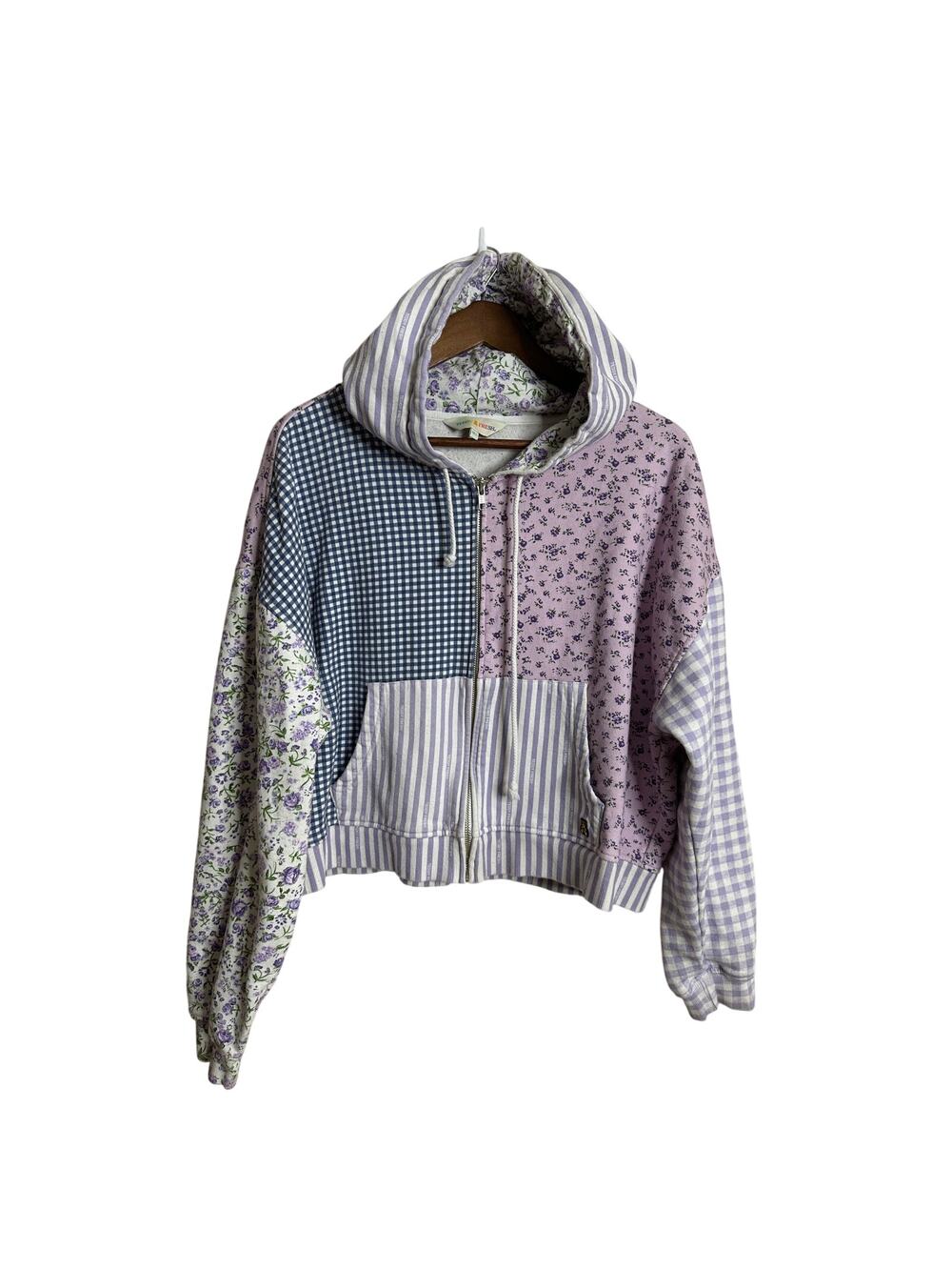 Teddy Fresh Lavender Patchwork Zip-Up Hoodie Womans 3XL Floral Gingham